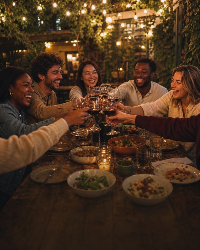 Friends sharing a relaxed meal outdoors